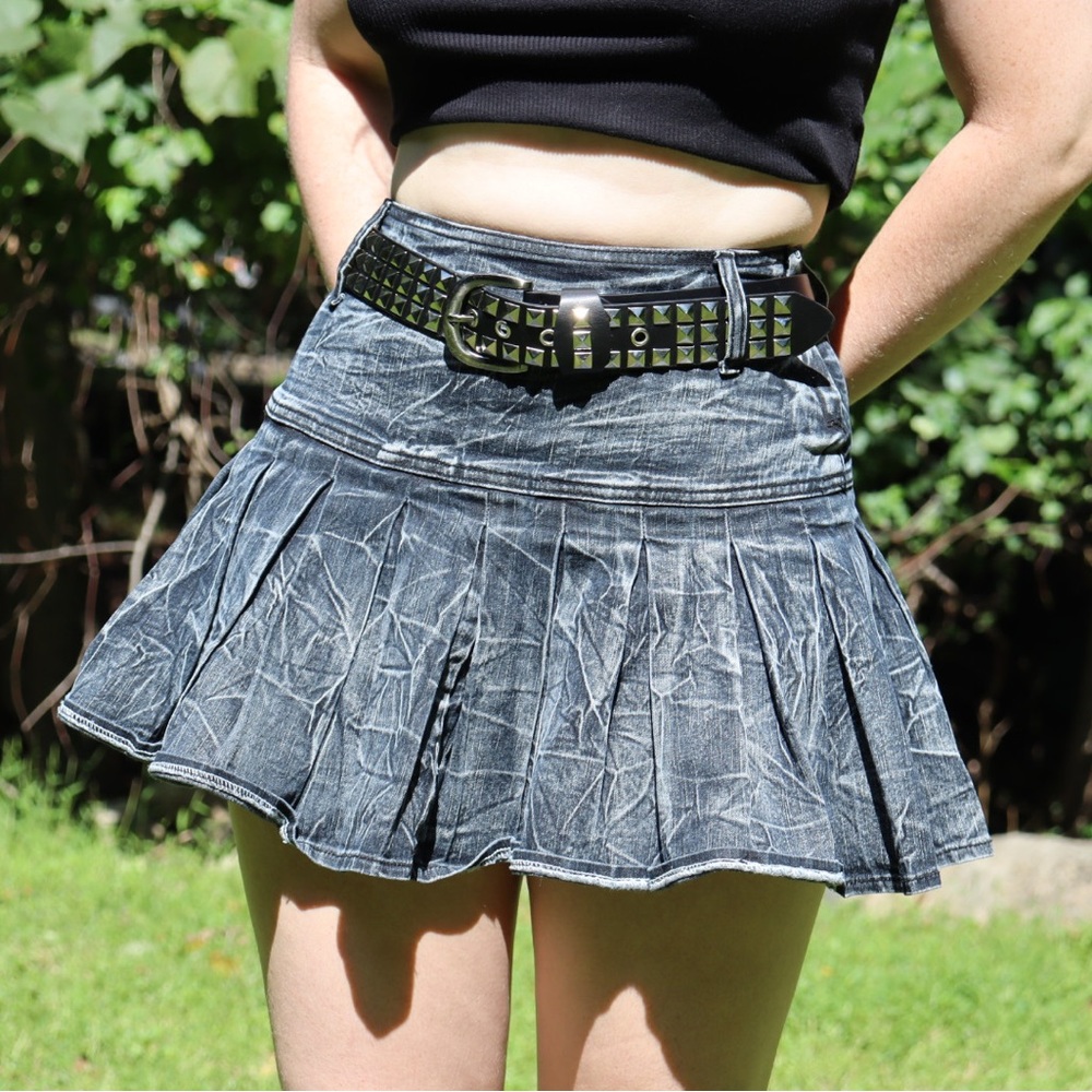 Washed Denim Pleated Mini Skirt by Here and There